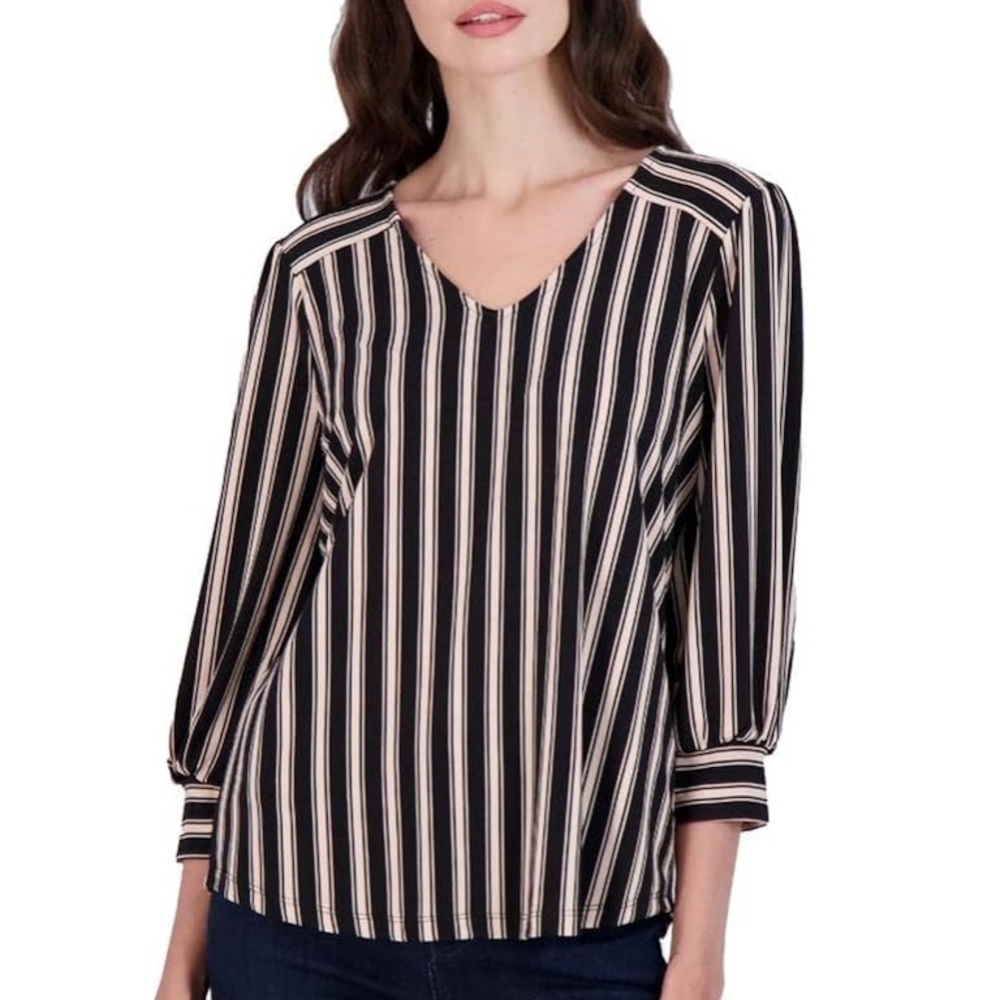 2/$50 ADRIANNA PAPELL Pink Black Striped Three-Quarter Cuff Blouse Size XL